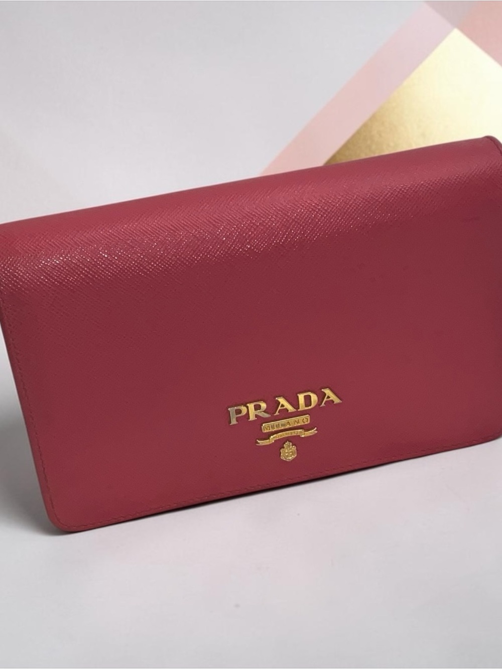 Prada Saffiano Leather Wallet WOC Peonia Pink Crossbody Clutch